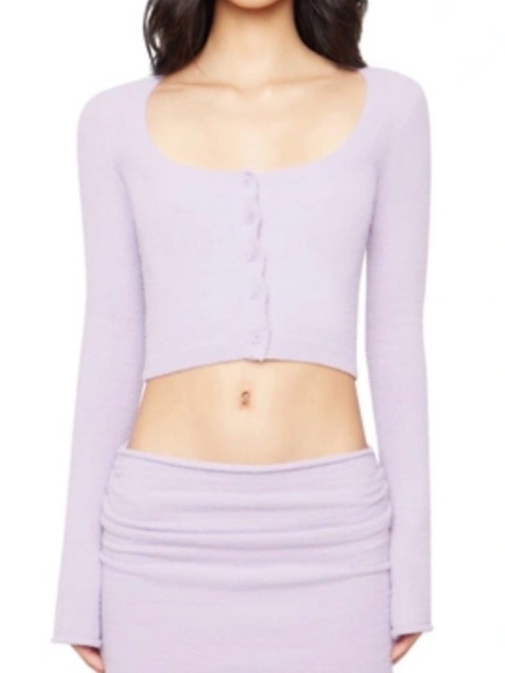 Cropped Scoop-Neck Button Front Sweater in Lavender